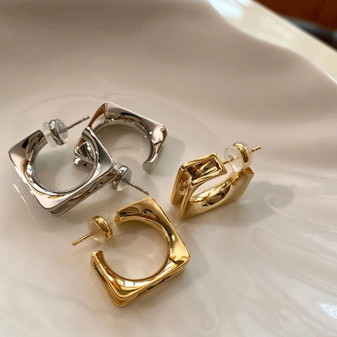 Minimalist Geometric Square Hoop Earrings Copper Metallic Texture With 925 Sterling Silver Earring Post For Women