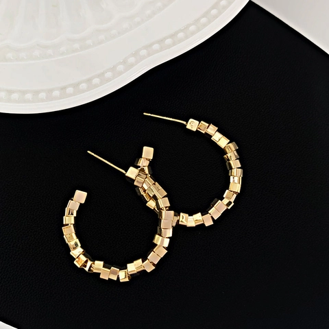 Geometric C-Shape Hoop Earrings Copper Beaded Cube Minimalist Elegant Versatile For Women With 925 Sterling Silver Earring Post