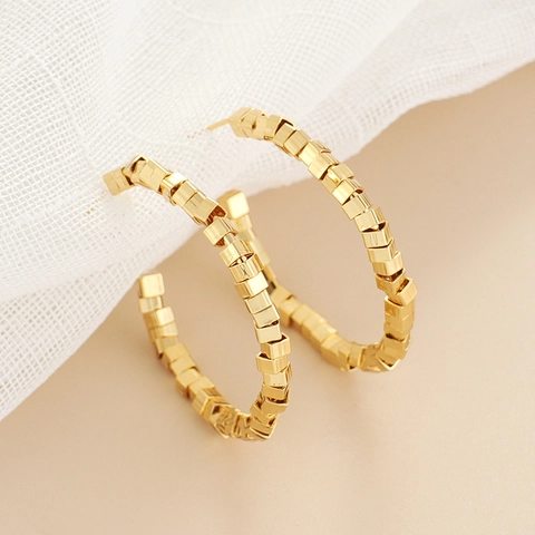 Geometric C-Shape Hoop Earrings Copper Beaded Cube Minimalist Elegant Versatile For Women With 925 Sterling Silver Earring Post