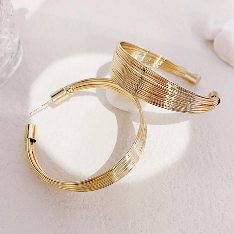 Orecchini A Cerchio Multistrato In Metallo Spazzolato Rame Con Perno In Argento Sterling 925 Geometrici Vintage Donna