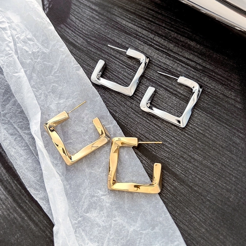 Geometric Twisted Square Hoop Earrings Copper 18K Gold Plated Minimalist Textured Jewelry For Women