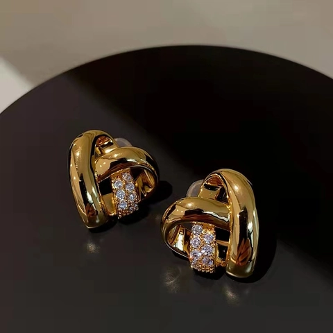 Brass Heart Stud Earrings With 925 Sterling Silver Earring Post Hollow Knot Design Inlaid Zircon Chic Jewelry For Women
