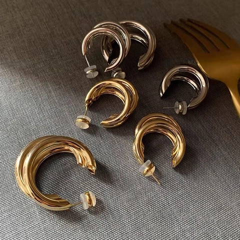 Drielaagse C-Vormige Oorbellen Koper Met 925 Sterling Zilveren Oorknopjes Geometrisch Gepolijst Voor Dames