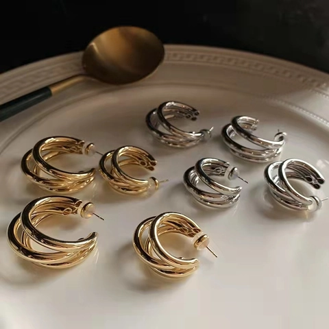 Drielaagse C-Vormige Oorbellen Koper Met 925 Sterling Zilveren Oorknopjes Geometrisch Gepolijst Voor Dames