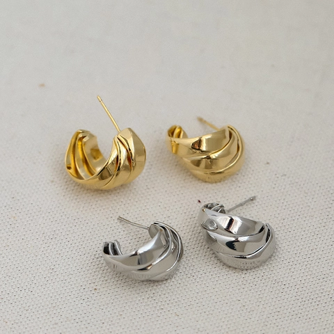 Multi-layer Twisted C-Shape Brass Stud Earrings With 925 Sterling Silver Earring Post High Polish Retro Style For Women