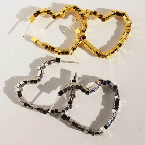Geometric Heart Shaped Stud Earrings With 925 Sterling Silver Earring Post Copper Square Beaded Cube For Women