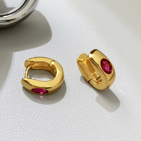 French Vintage Copper Gold Plated Hoop Earrings With Oval Zirconia Elegant Retro Huggie Earrings For Women