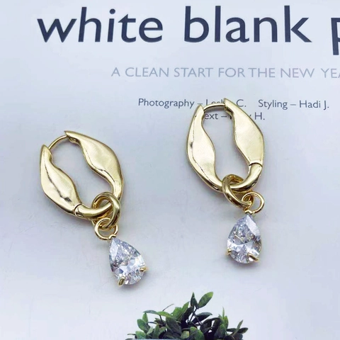 Copper Gold Plated Irregular Geometric Hoop Earrings With Pear Cut Zircon Drop Dangle For Women Elegant Jewelry