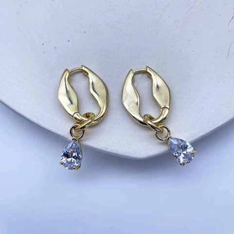 Copper Gold Plated Irregular Geometric Hoop Earrings With Pear Cut Zircon Drop Dangle For Women Elegant Jewelry