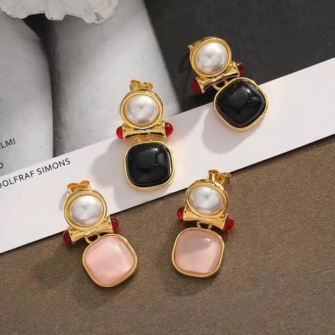 Orecchini A Goccia Fiocco Vintage Francese Con Perno In Argento Sterling 925 Ottone Placcato Oro 18K Perla Artificial Donne