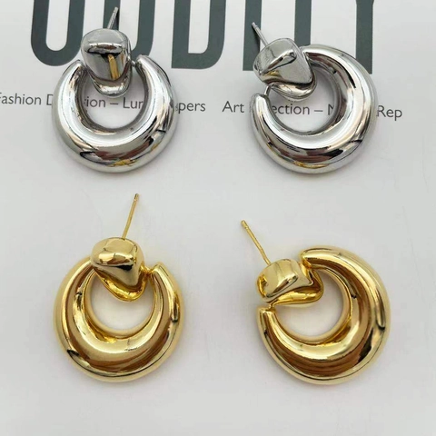 Orecchini Cerchio Tondi Geometrici Rame Lucido Minimalista Forma C Donna Con Perno Argento Sterling 925