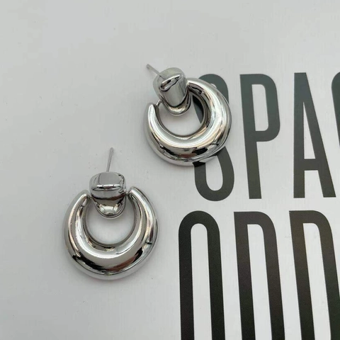 Orecchini Cerchio Tondi Geometrici Rame Lucido Minimalista Forma C Donna Con Perno Argento Sterling 925