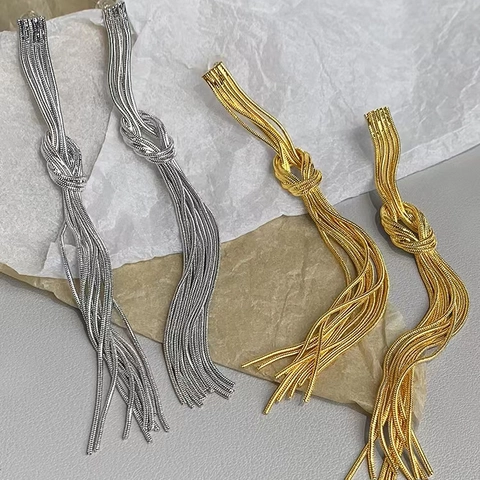 Copper Tassel Earrings Long Knot Snake Bone Chain Dangle Elegant Luxury Minimalist Jewelry Accessories For Women