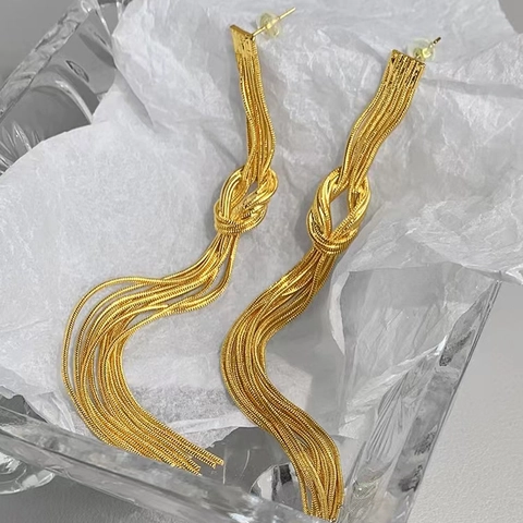 Copper Tassel Earrings Long Knot Snake Bone Chain Dangle Elegant Luxury Minimalist Jewelry Accessories For Women