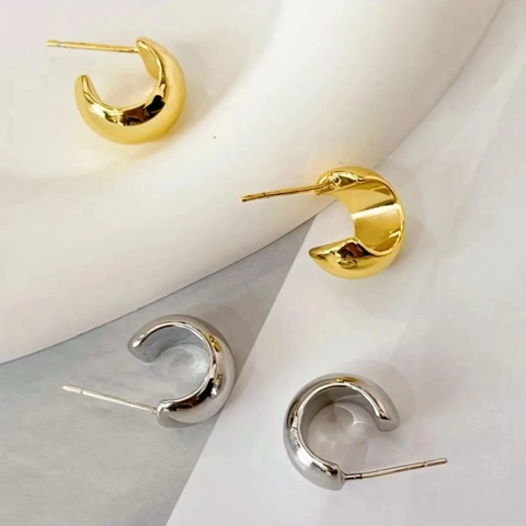 Retro C-Shape Stud Earrings Brass 18K Gold Plated With 925 Sterling Silver Earring Post Minimalist Fashion For Women