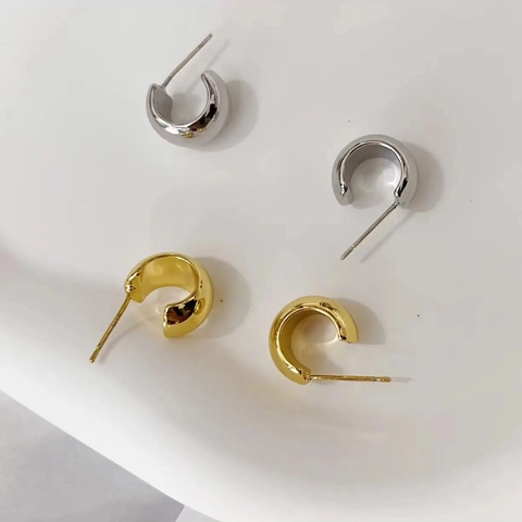Retro C-Shape Stud Earrings Brass 18K Gold Plated With 925 Sterling Silver Earring Post Minimalist Fashion For Women