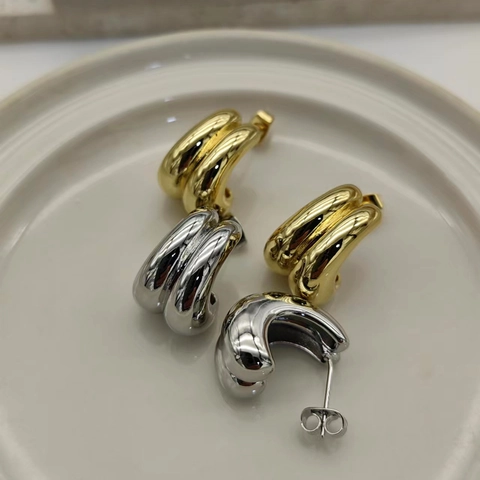 Double Ribbed C-Shape Ohrstecker 18K Vergoldetes Kupfer Mit 925 Sterling Silber Ohrringpfosten Minimalistisch Damen