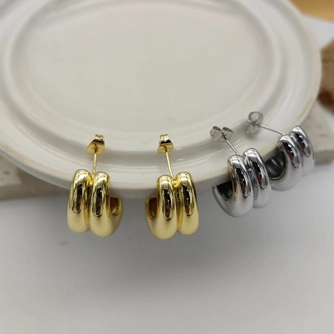 Double Ribbed C-Shape Ohrstecker 18K Vergoldetes Kupfer Mit 925 Sterling Silber Ohrringpfosten Minimalistisch Damen
