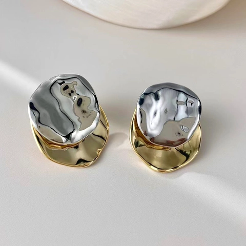 Geometrische Ohrstecker Unregelmäßige Welle Rund Zweifarbig Kupfer Geschmolzene Metallstruktur Hochwertige Mode Damen