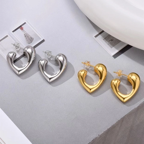 Orecchini A Lobo Cuore Ottone Placcato Oro 18K Lucido 3D Spesso Geometrico Per Donna Con Perno In Argento 925