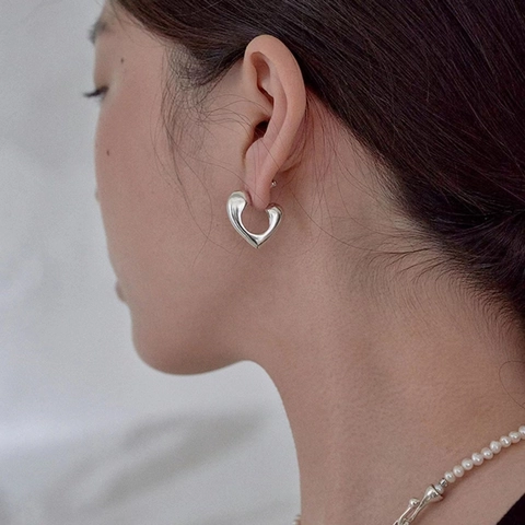 Orecchini A Lobo Cuore Ottone Placcato Oro 18K Lucido 3D Spesso Geometrico Per Donna Con Perno In Argento 925