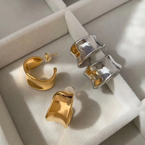 Onregelmatige C-Vormige Multi-Hoop Oorbellen Koper Met 925 Sterling Zilveren Oorknopje Vloeibaar Metaal Geometrisch Vrouw