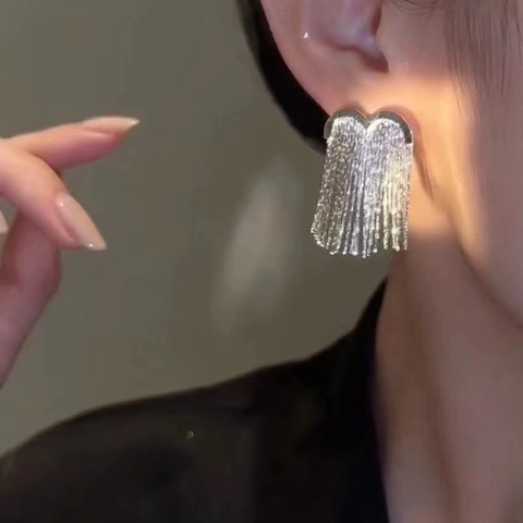 Geometric Long Tassel Dangle Earrings With 925 Sterling Silver Earring Post Copper Metal Elegant Niche Style For Women