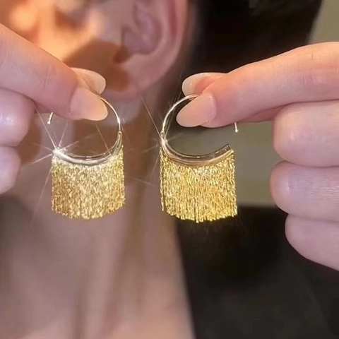 Boucles D'oreilles Pendantes À Franges En Métal Cuivre Longues Franges Crochet Géométrique Style Élégant Pour Femmes
