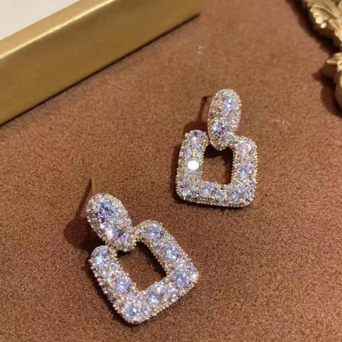 Square Zircon Dangle Earrings With 18K Gold Plated Brass And 925 Sterling Silver Earring Post Elegant Fashion