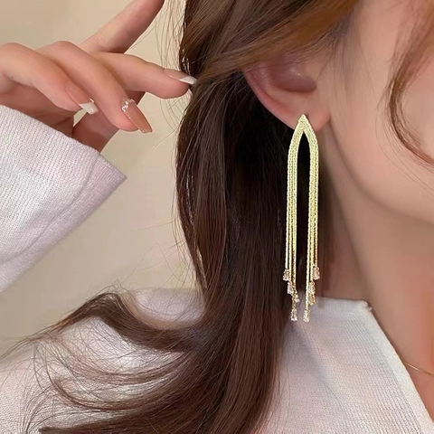 Long Tassel Dangle Earrings For Women Copper With Zircon Elegant Luxury Niche Design Jewelry Gold Silver Plated