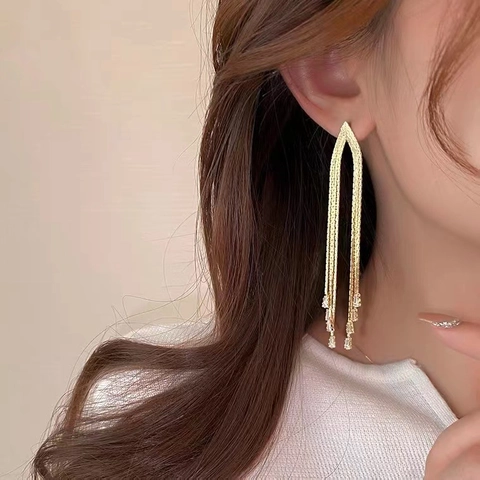 Long Tassel Dangle Earrings For Women Copper With Zircon Elegant Luxury Niche Design Jewelry Gold Silver Plated
