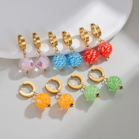 Orecchini A Cerchio In Acciaio Inossidabile Vintage Con Pendenti A Sfera In Vetro Colorato Gioielli Geometrici Per Donna