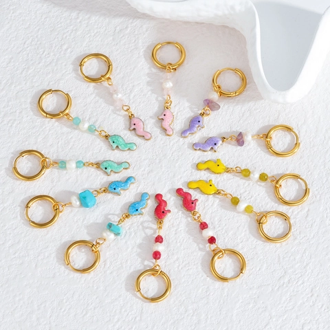 Boucles d'Oreilles en Émail Série Océan en Acier Inoxydable Avec Künstliche Perle Pierre Naturelle Hippocampe Dauphin Crabe Poisson Pour Femmes