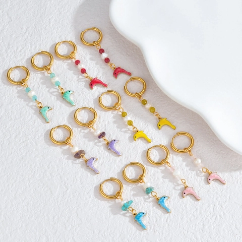 Ocean Theme Hoop Earrings Stainless Steel Enamel Seahorse Crab Dolphin Pendants With Artificial Pearl Natural Stone Cute Fresh Jewelry For Women