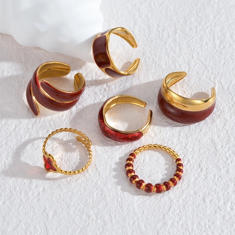 Modische Edelstahl Rote Emaille Ring Set Europäische Amerikanische Leichte Luxus Geometrische Fingerringe Für Frauen Schmuck Geschenk