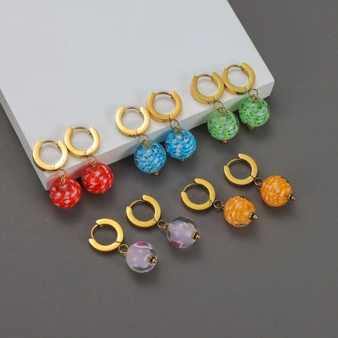 Orecchini A Cerchio In Acciaio Inossidabile Vintage Con Pendenti A Sfera In Vetro Colorato Gioielli Geometrici Per Donna