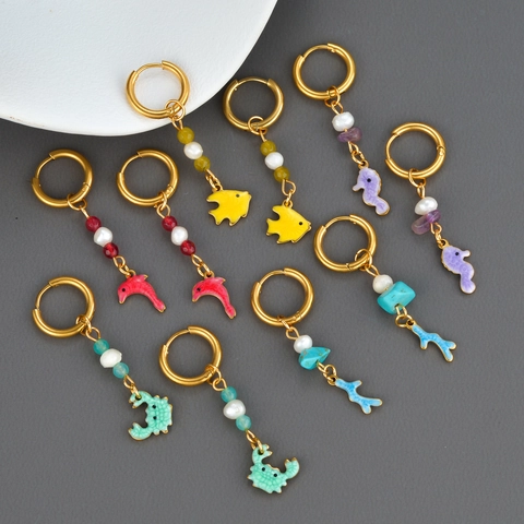 Ocean Theme Hoop Earrings Stainless Steel Enamel Seahorse Crab Dolphin Pendants With Artificial Pearl Natural Stone Cute Fresh Jewelry For Women