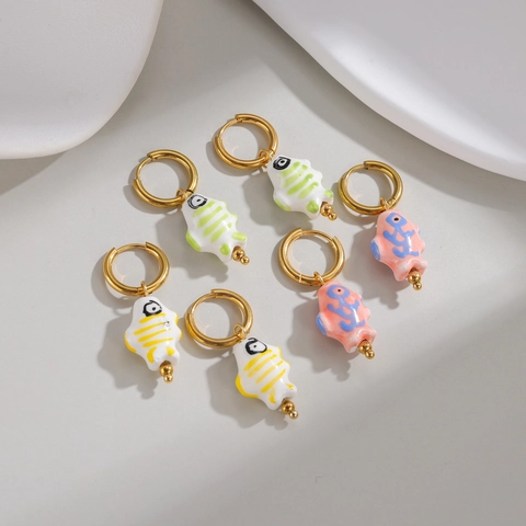 Handbeschilderde Keramische Vis Oorbellen Roestvrij Staal Dieren Hanger Sieraden Uniek Artistiek Schattig Cadeau Voor Dames