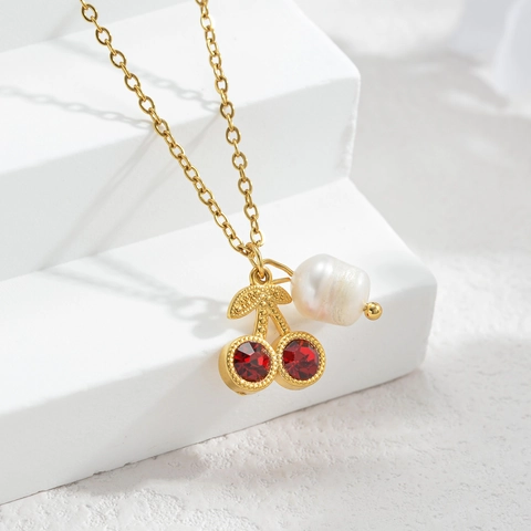 Stainless Steel 18K Gold Plated Cherry Pendant Necklace Red Crystal Artificial Baroque Pearl Clavicle Chain For Women Jewelry