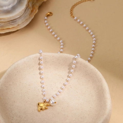 Collar Perlas Barrocas Artificiales Acero Inoxidable Chapado Oro 18K Colgante Concha Pez Joyería Océano Verano Para Mujer