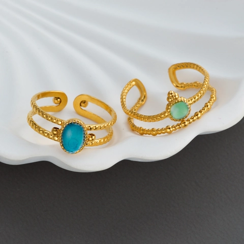 Böhmische Edelstahl Ringe Für Frauen 18K Vergoldet Offen Verstellbar Zweilagig Perlen Retro Inlaid Stein