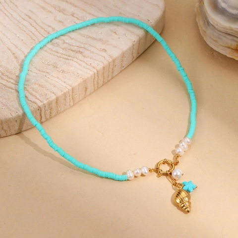 Ocean Theme Beaded Necklace Polymer Clay Turquoise Stainless Steel Sea Turtle Starfish Shell Artificial Pearl Pendants For Women