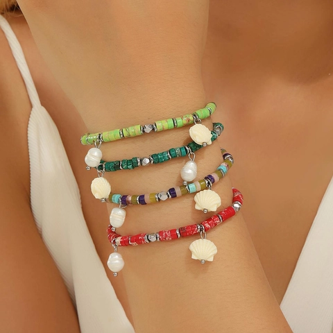 Bracciale Perline Boho Acciaio Inossidabile Pietra Naturale Conchiglia Perla Artificial Barocca Ciondolo Spiaggia Gioielli Donna