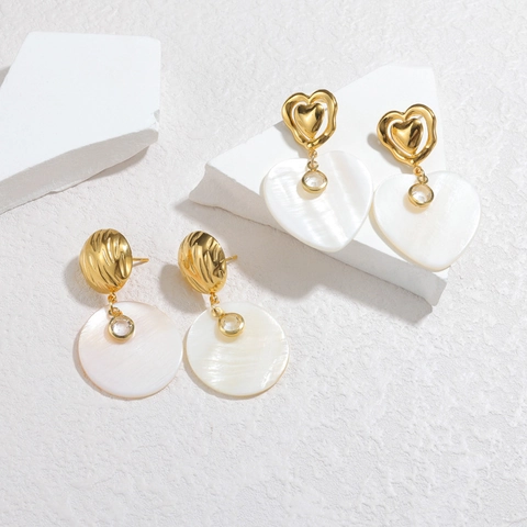 Stainless Steel Drop Earrings With Round Heart Mother Of Artificial Pearl Shell And Cubic Zirconia Geometric Minimalist For Women