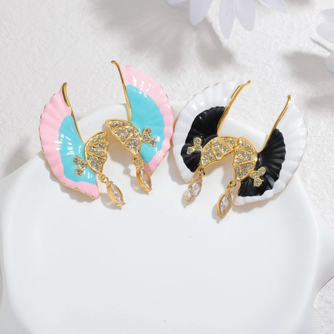 Pendientes De Botón De Ala Acero Inoxidable Esmalte Goteo De Aceite Mariposa Con Circón Joyería Elegante Para Mujer