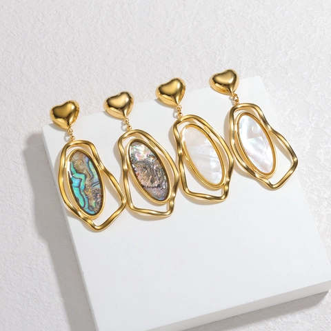Stainless Steel Heart Stud Abalone Shell Mother Of Artificial Pearl Dangle Earrings 18K Gold Plated Geometric Irregular Long Women