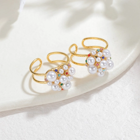 Kunstparel Ring Roestvrij Staal Dames Verguld Verstelbaar Gekleurde Steentjes Cluster Elegant Vintage