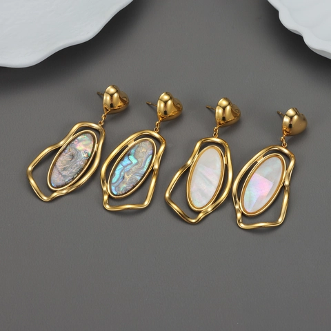 Stainless Steel Heart Stud Abalone Shell Mother Of Artificial Pearl Dangle Earrings 18K Gold Plated Geometric Irregular Long Women