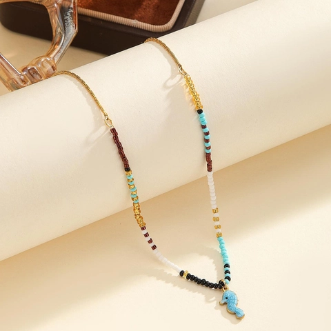 Bohemian Handmade Beaded Necklace With Sea Animal Pendant Seahorse Starfish Crab Tropical Fish Octopus Stainless Steel Chain Women Beach Vacation Jewelry