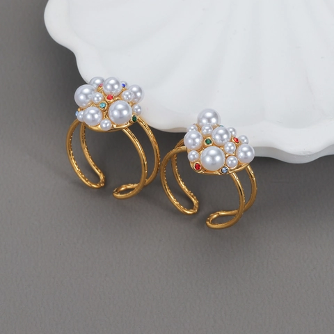 Kunstparel Ring Roestvrij Staal Dames Verguld Verstelbaar Gekleurde Steentjes Cluster Elegant Vintage